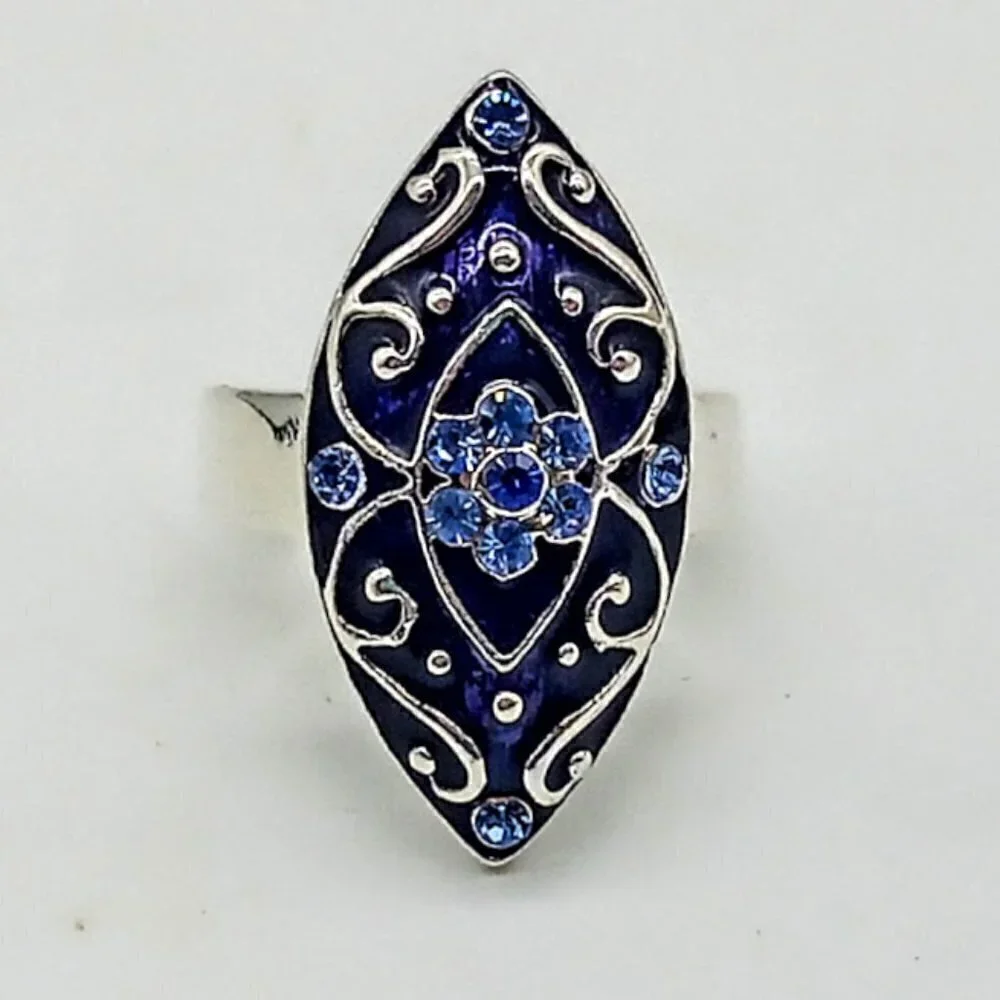 Blue Crystal & Enamel Silver Fashion Ring